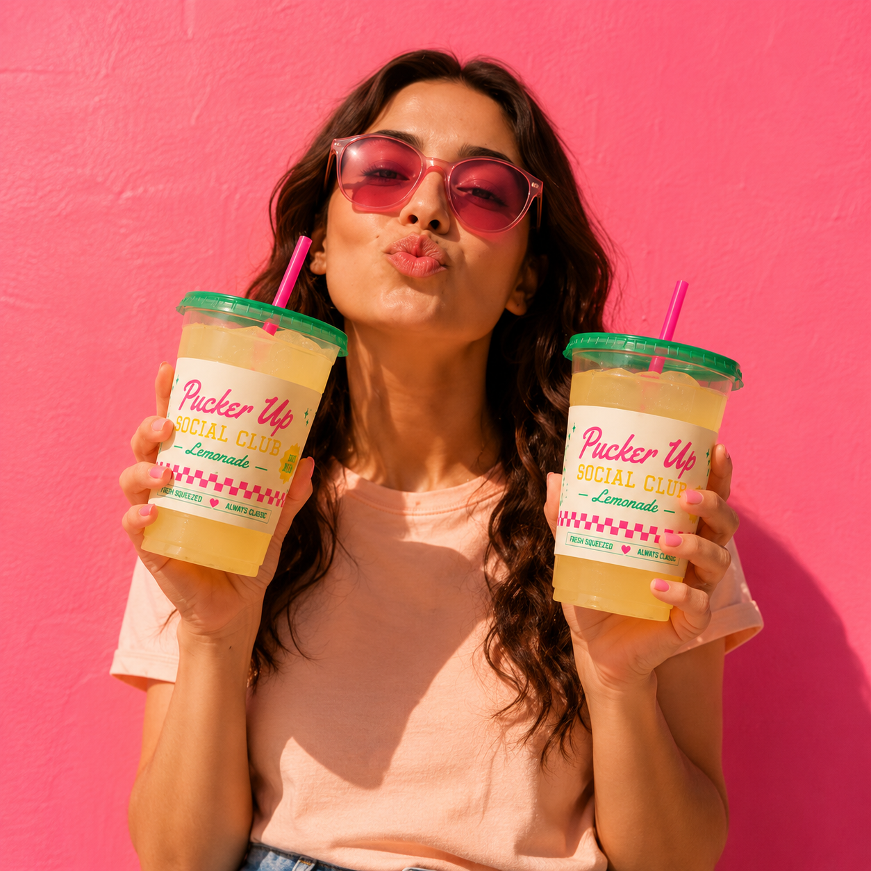 Woman puckering up holding Pucker Up Social Club lemonade cups